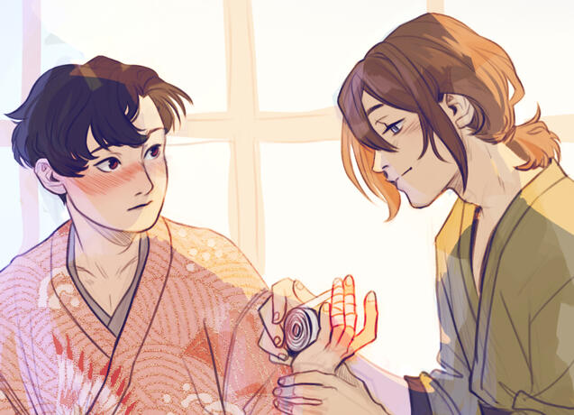 kou (right) gently tending to kiku (left). art by @viria